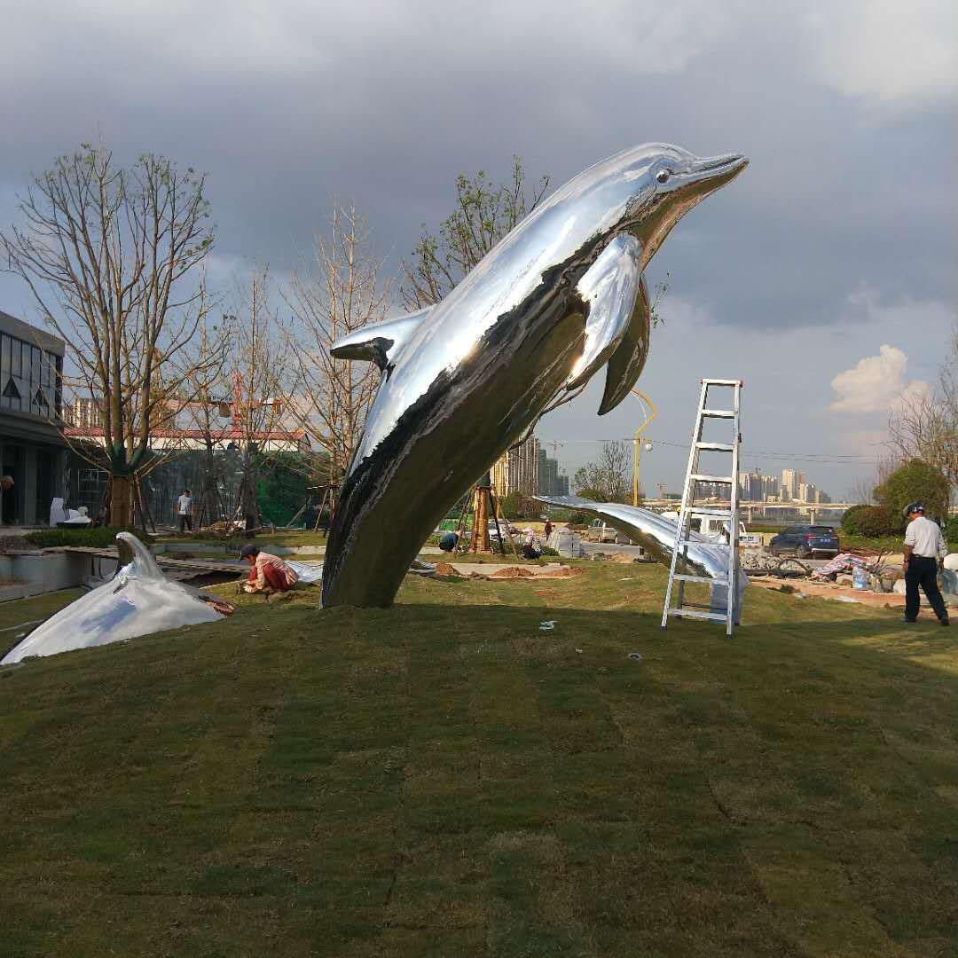 定制现代简约不锈钢海豚雕塑大型抽象动物雕塑园林景观小品